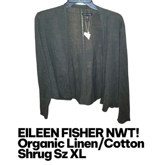 EILEEN FISHER XL NWT Linen Cotton Dark Green Sustainable Shrug Sweater  MSRP$118 - Picture 1 of 4